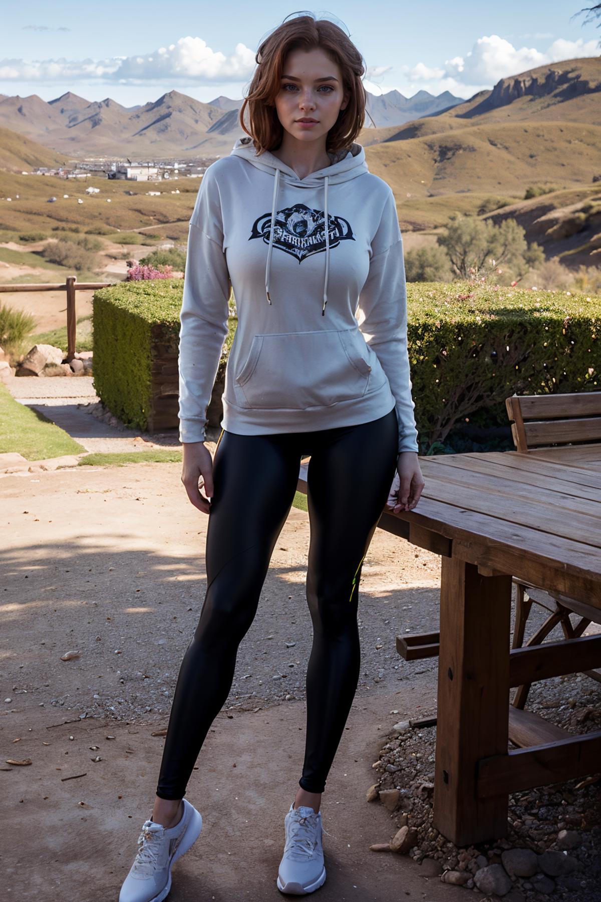 A woman standing outside wearing black leggings and a white hoodie.