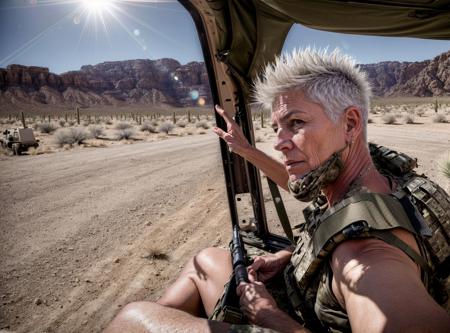 (masterpiece)+, (best quality)+, (Intricate detail)+, beautiful 50yo woman, resolute expression, white spiky hair, looking down on photographer, wearing combat fatigues,  sweating, next to a jeep, in the desert sun, head and chest in view, lens flare, rayleigh scattering
