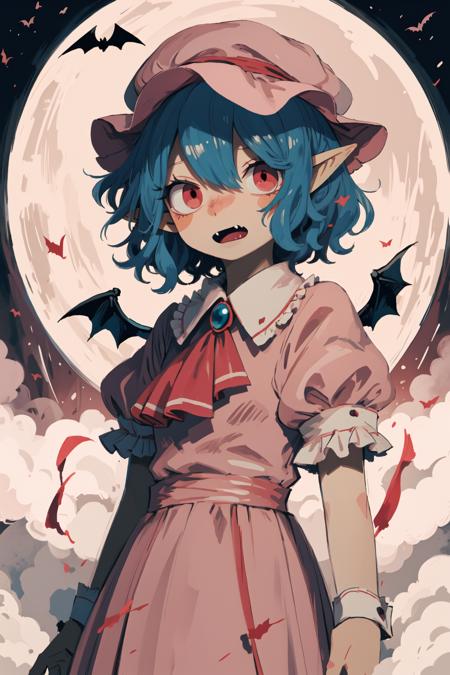 remilia scarlet, red ribbon, hair between eyes, blue hair, puffy short sleeves, frills, bow, bangs, hat ribbon, mob cap, fang, red eyes, bat wings, wrist cuffs, ascot, brooch, short hair, pink dress, pointy ears, skirt BREAK arctic tundra, snowy landscapes, frozen lakes, night, frosty, harsh, ethereal, (darkness:1.3), night, spooky, horror \\(theme\\), masterpiece, best quality