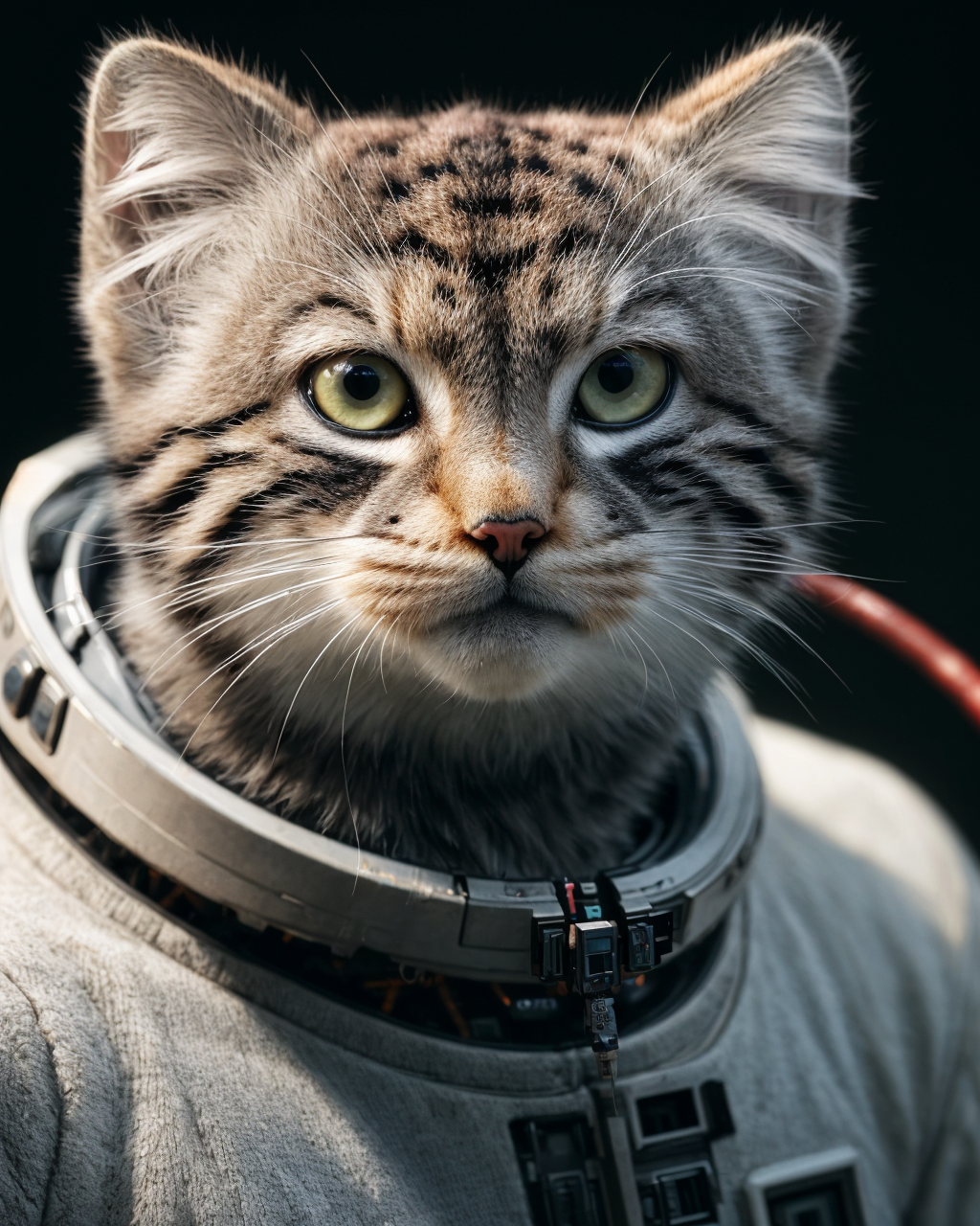 character design, (cyberpunk tusun kitten wearing astronaut suit), sci-fic, (realistic eye color and details), fluffy, big...