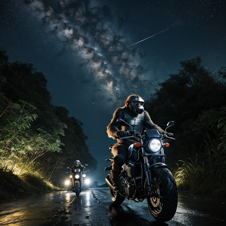 ((Ape)) in invisible space helmet, (gun in hand:1.5) riding  motorbike, in jungle, highly_detailed, 8k, fully focused, cenematic, movie_scene, night, rain, stars in sky, space_ship in sky,