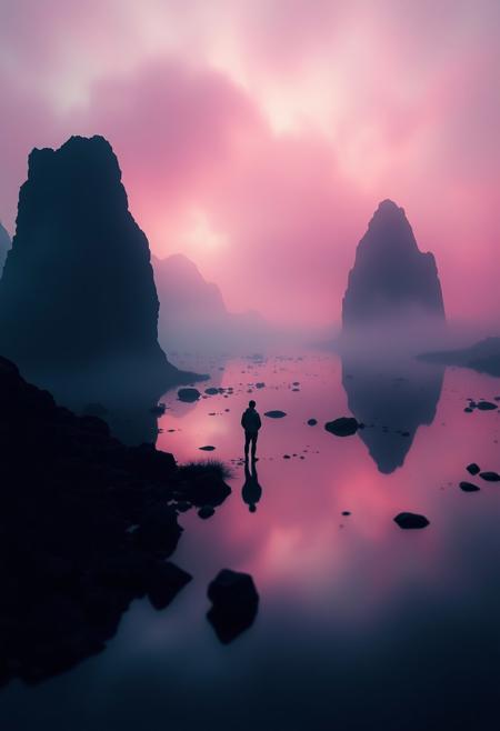 highly detailed and hyper realistic photo, by Alena Aenami , by Archibald Thorburn , by Daniele Afferni , a breathtaking otherworldly landscape with psychedelic colors , in the style of monochromatic silhouette reflection, limited dark palette, unusual dark colors, faded colors, atmospheric haze, highly dramatic cinematic lighting, motion blur, film grain, professional, excellent composition, finest details, maximized details, ultimate detail level, masterpiece, best quality