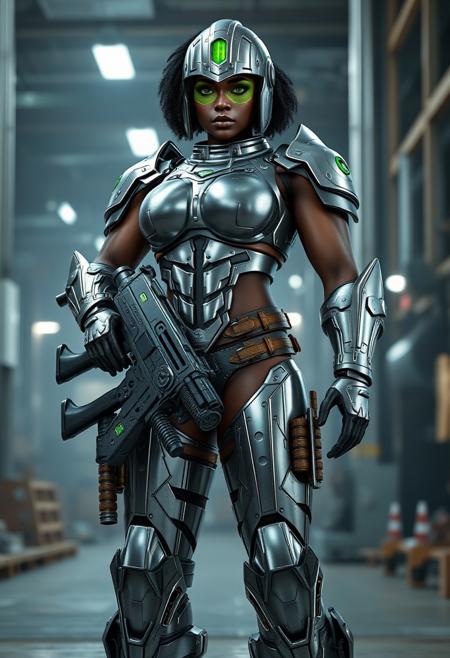 Videogame unreal engine 4 render image of a tall large bodybuilding buff muscular sexy hot black female soldier from the year 2150, cool sexy futuristic military character design, she has short curly hair, green eyes, green lipstick, she is tall and large and has huge breasts and muscles, she is wearing full body chrome military armor that's inspired by gladiators from Rome, including a roman gladiator helmet with a green transparent eye visor, the armor is chrome eith green LED embedded in it, her chrome armor is showing signs of damage and degradation, bullet marks, scratches amd grime, she is also wearing brown military and ammo pouches on her legs and belt, she is standing in a factory, she is holding a large heavy machine gun thats belt fed bullets, industrial lighting, epic pose.