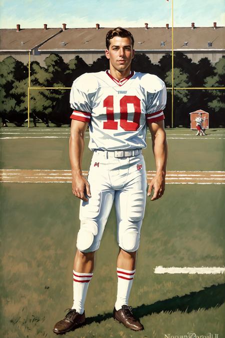 (in the style of Norman Rockwell), football field, standing on the sideline, painting of JoelBirkin, slight smile, (wearing old fashion football uniform), 1950's style football uniform, (((full body portrait))), wide angle, (painted by Norman Rockwell) <lora:JoelBirkin:0.8>