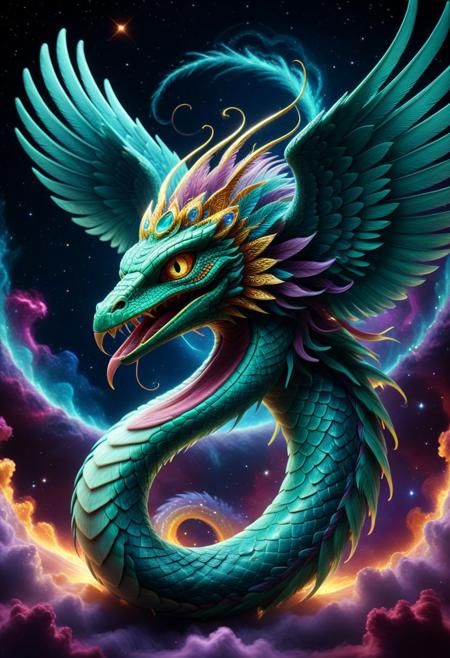Quetzalcoatl reimagined as a cosmic feathered serpent, majestically coiling through a nebula in deep space, its radiant feathers glowing with an otherworldly bioluminescence, cinematic sci-fi photography rendered with surreal, hyper-detailed celestial environments, iridescent blues and violets dominating its spectrum palette blended with swirling stardust, wide dynamic range for intense star fields and nebular gases, the soft glow of alien suns providing eerie backlighting, inspired by sci-fi films like Interstellar and mythology fused with futurism, surreal and awe-inspiring mood
 sn4ke