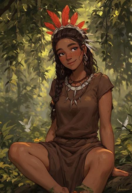 score_9, score_8_up, score_8. score_9, score_8_up, score_7_up, score_6_up, (rating_safe:1.5), 1girl, 18yo, long dread hair, cute, beautiful, stone-age, body freckles, brown skin, short, brown tunic, (rawhide cloth), (loose fitting), freckles, medium perky breasts, solo, (bones headdresses:1.1), feathers props, rustic, necklace, coy, wholesome expression, fur, primal, (wild smile:1.2), petite, sexy, alluring, blushing, (modest clothes)
BREAK, 
(sitting on the branch of a tree), dirty, curious, naive, shy, looking to viewer
BREAK, 
medium-closeup, golden hour, green fields, primitive world, intricate details, 8k