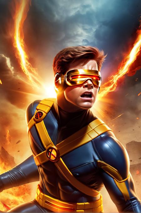 x-men cyclops man drawing unleashing his optic blast in a fierce battle, set against a fiery background, his face intense and focused, digital art, 4k, dynamic action scene