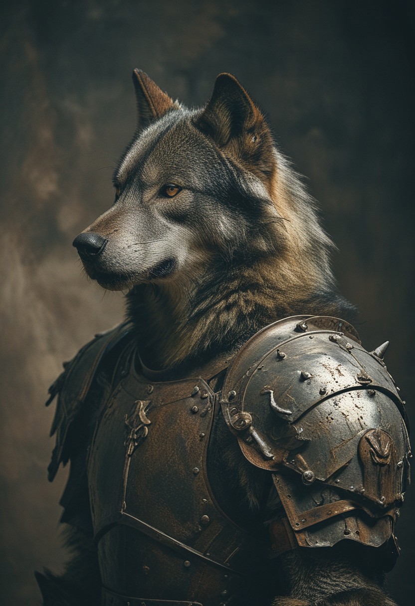 a wolf in iron armour, studio background, high-contrast palette, subtle grain, cinematic quality, modern art photograph