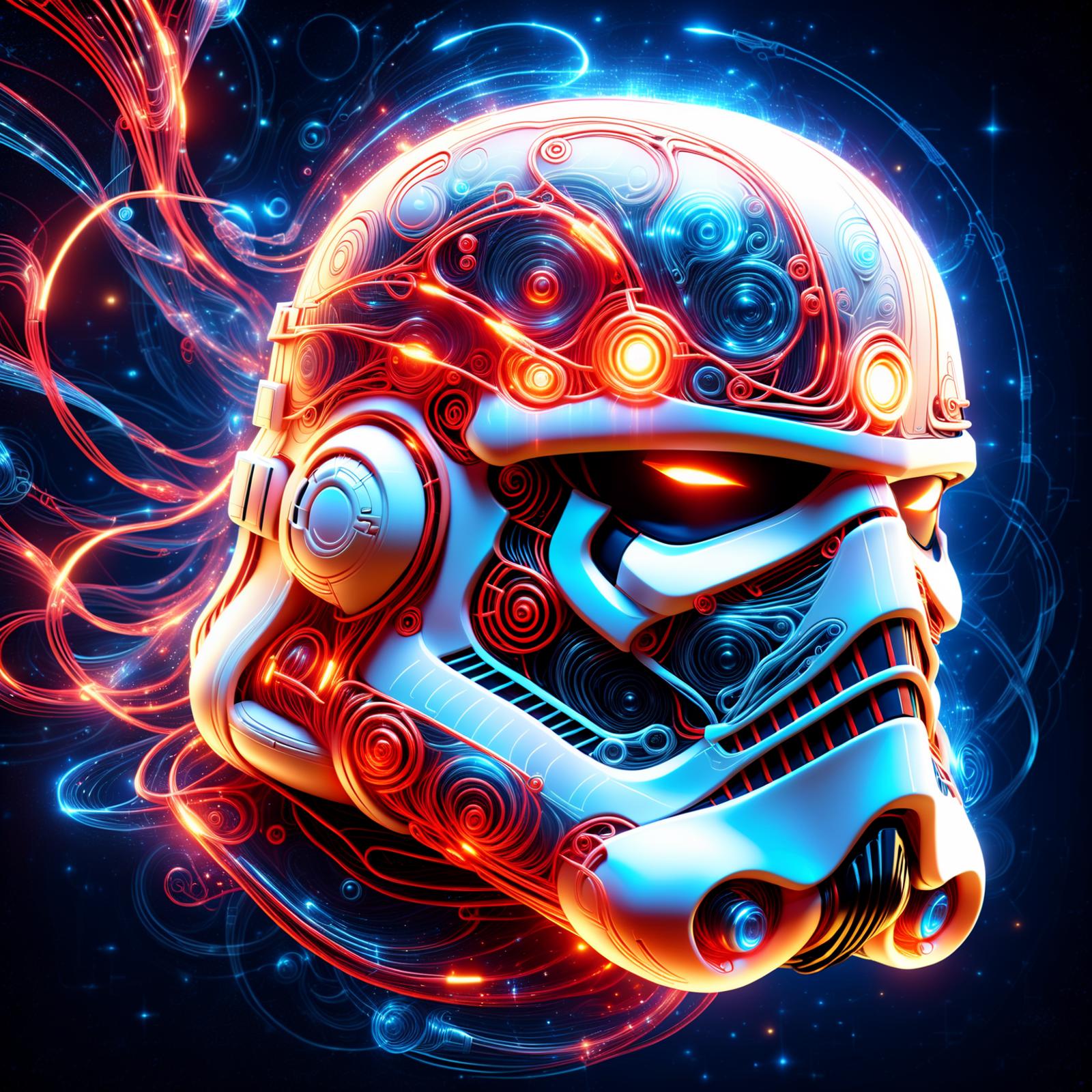 A futuristic and metallic Star Wars stormtrooper head with glowing red and blue neon lights.