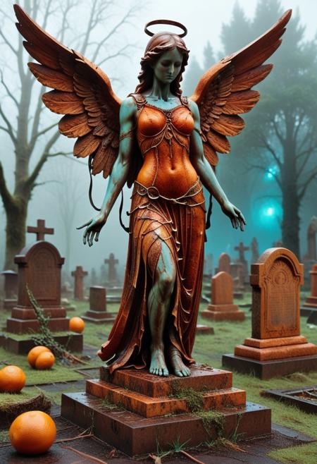 8k, Raw digital photo, dvr-rst, a weathered angel statue made out of rusty blood orange, standing in a foggy graveyard, moss and decay, glitch holographic, eerie blue green glow, Soft Texture, Full Colour, 80mm, simple dark background,