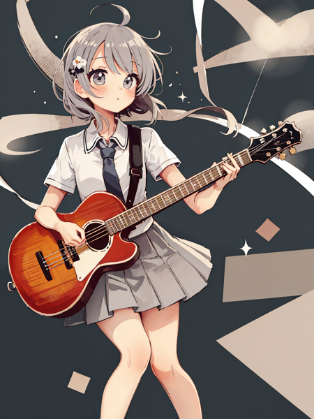 (masterpiece,best quality,highest quality,best anatomy:1.3),<lora:|$TLoHA_V2:0.8>,1girl,solo,instrument,skirt,ahoge,guitar,necktie,long hair,shirt,blush,grey eyes,holding,pleated skirt,electric guitar,cropped legs,holding instrument,simple background,short sleeves,white shirt,sparkle,grey hair