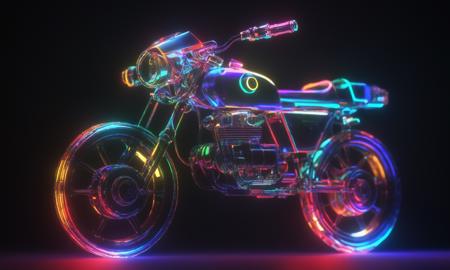 <lora:shineglasscd_xl-000005:0.7>,a (shineglasscd_xl,shine glass,neon lights,light particles,colorful:1.3,gradient,chromatic aberration) mechanical motorbike,military vehicle,no humans,long-focus,tilt-shift,dark background,simple background,full body,cutie,cute,still life,front view, emotional,harmonious,high budget,moody,epic,gorgeous,perfect lighting,realistic,photorealistic,photographic,photo (medium),real,moody lighting,volumetric lighting,reality ray tracing,8K,HDR,UHD,masterpiece,best quality,highly detailed,high resolution,finely detail,extremely detailed,ultra detailed,wallpaper