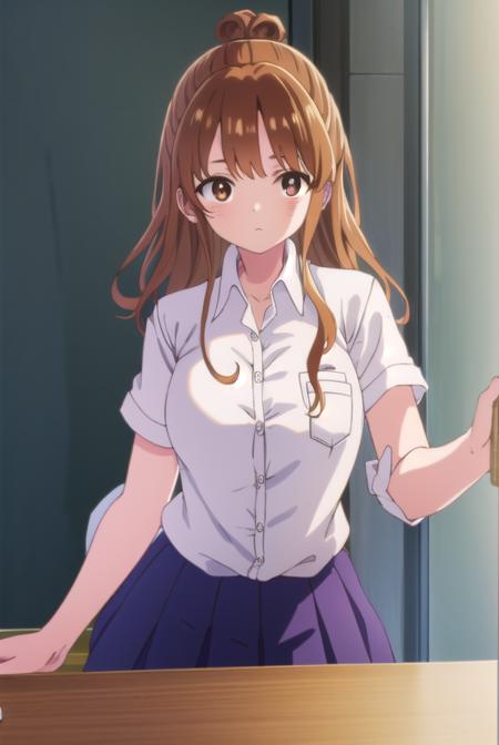 moekosekine, <lora:moeko sekine s1-lora-nochekaiser:1>,
moeko sekine, long hair, skirt, brown hair, (brown eyes:1.5), hair bun, single hair bun, sidelocks,
BREAK skirt, shirt, school uniform, white shirt, short sleeves, pleated skirt, collared shirt, blue skirt,
BREAK indoors, classroom,
BREAK looking at viewer, (cowboy shot:1.5),
BREAK <lyco:GoodHands-beta2:1>, (masterpiece:1.2), best quality, high resolution, unity 8k wallpaper, (illustration:0.8), (beautiful detailed eyes:1.6), extremely detailed face, perfect lighting, extremely detailed CG, (perfect hands, perfect anatomy),