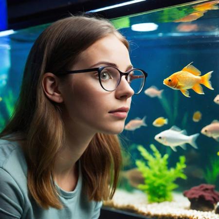 young caucasian woman charming, 22 year  old with glasses looking at fish in an aquarium