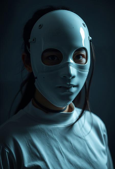 An Asian woman wears a porcelain mask with exposed wires and technological elements underneath, captured as a haunting photograph using a full body shot, under the dim,she is angry.Full body visible.