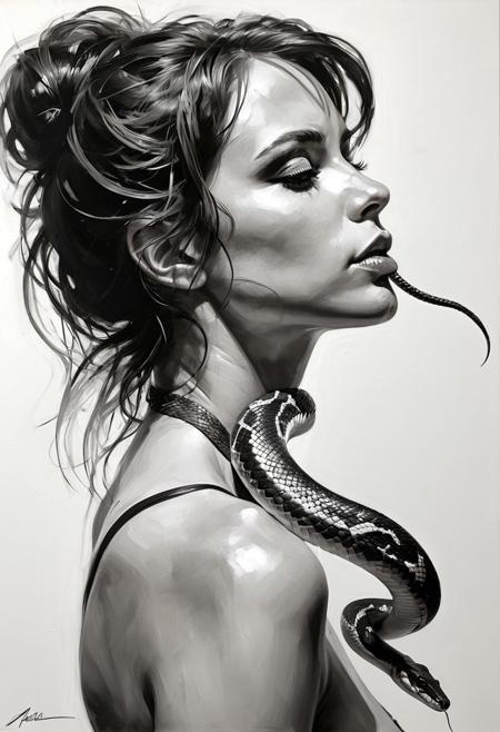 side view, snake, it is looking to the viewer, Steve McDonald style, Michael Garmash style, Adam Hughes style, neutral white background, ultra realistic, hyper detailed, impressionism art oil painting style, black and white