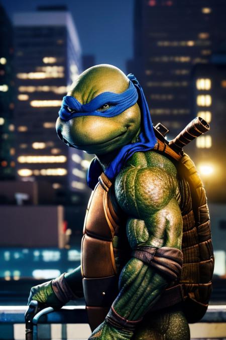 <lora:TMNTLeonardo-10:0.8>(RAW photo, real life, absurdres, high quality, photorealistic, detailed, realistic:1.3), (solo:1.3), illustration, a high resolution photo of a TMNTLeonardo, a teenage mutant ninja turtle with a blue bandana mask with eye-holes, on a city rooftop at night, city buildings and dark night sky in background, cinematic, atmospheric, 8k, realistic lighting, shot by Hassleblad H6D, Zeiss, Kodachrome, nikon, 50mm 1.2 lens, Octane Render, ultra realistic, realistic lighting, photorealistic, photorealism, photoreal, unreal engine 5, Adobe After FX, highly detailed, intricate detail