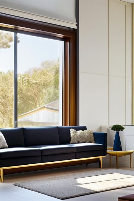 dvArchInteriorModern style, living room, couch, book shelf, window to outside, subtle details, 24mm, f1.8, shadows, sunset lighting, wide angle, award winning architecture photography, diffused light, soft light