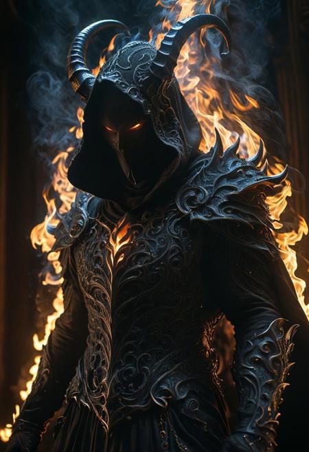 dark, extremely detailed, hooded occult figure wearing flame armor, mysterious cloaked villain, vaporous swirls of deep black, amazing quality, masterpiece, best quality, hyper detailed, ultra detailed, UHD, perfect anatomy, portrait, DOF, majestic, awesome, inspiring, cinematic, global illumination, dramatic, atmospheric haze, cinematic composition, deep shadows, death scythe, (demon horns), dark aura