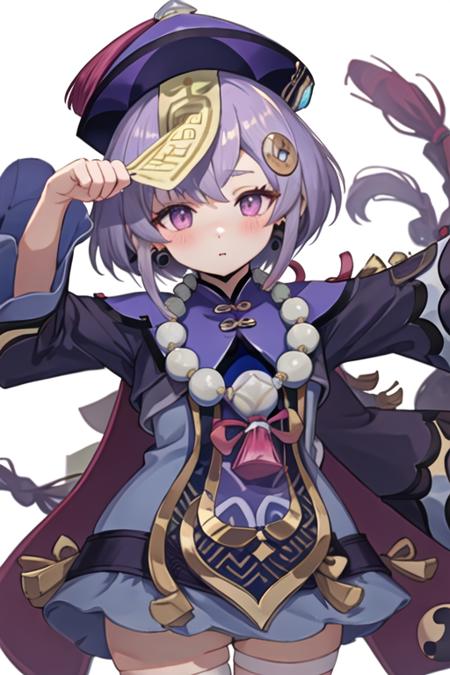 best quality, masterpiece, highres, solo, {qiqi_genshin:1.15}, purple_hair, bangs, hat, ofuda, qing_guanmao, hair_ornament, purple_eyes, jewelry, jiangshi, necklace, beads, bead_necklace, coin_hair_ornament, purple_headwear, long_hair, braid, hair_between_eyes, blush