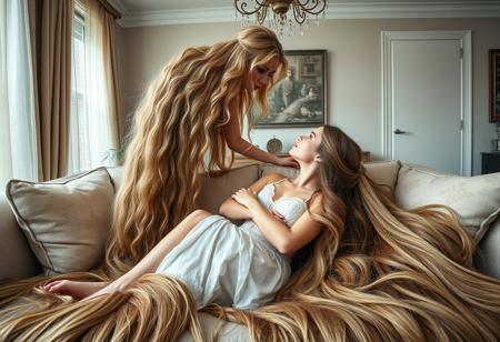 A wide angle view of two stunningly beautiful women. one, a blonde godiva with very long thick heavy hair stands over the back of a sofa with her hair hanging down 
 so it covers the other woman. two, a reclined lounging rapunzel on the sofa  with light brown hair which piles around her on their arms legs and waist and flows onto the floor, gazing into each other's eyes, living room setting, photorealistic, intricate details, detailed hair, private photoshoot, dynamic pose