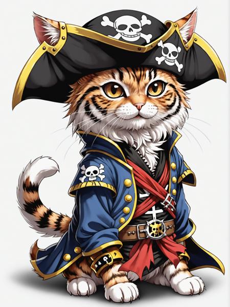 a cute anime cat that wearing a pirate outfit like in the one piece manga, detailed, realistic, 8k uhd, high quality