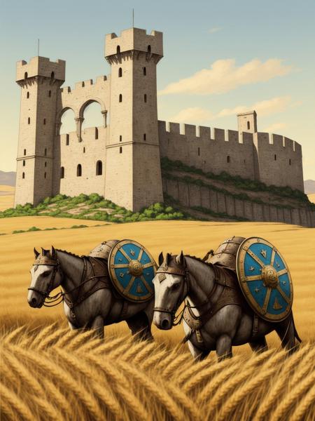 <lyco:jasmine sam-v2.0:1>  artstyle, sketch, color, Realistic, Intense, Medieval Fortress, Ruthless Raiders, Polearms and Shields, Rolling Hills, Tall Wheat Field, Polished Metal Weapons, Sturdy Stone Texture, Symmetrical Composition, Strong Lighting, Natural Color Palette, Eye-Level Perspective, Detailed Texturing, High Contrast