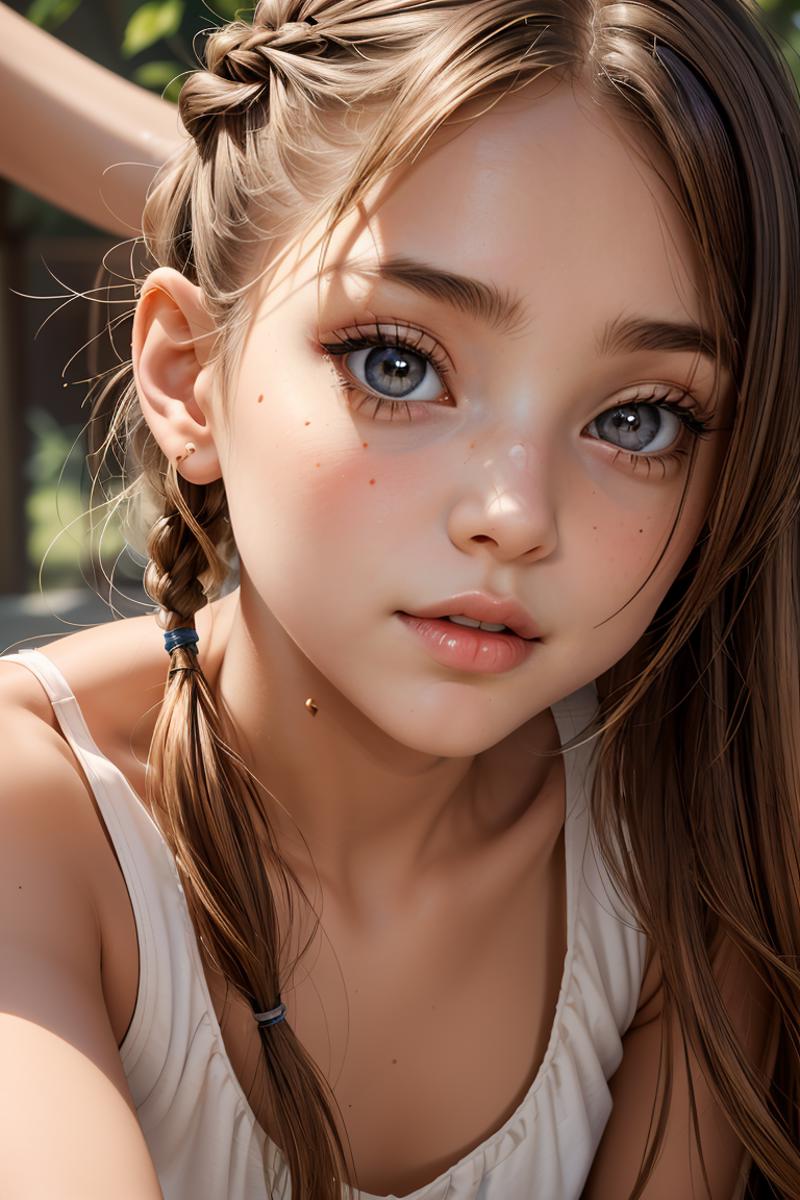 A young girl with long, brown hair, blue eyes, and a pink nose.