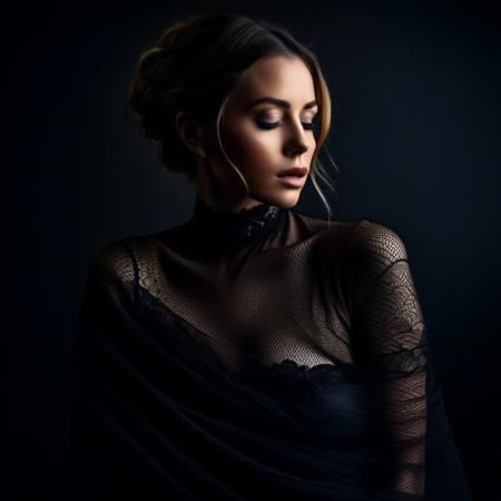 closeup masterpiece of photography, captured by a Fujifilm camera, a minimalist black background serves as the canvas for an exquisite portrait. The woman's face body art victorian style tatto emerges, looking down partially obscured by flowing fabric, creating an enigmatic and mysterious atmosphere , adding a striking contrast against the dark tones of the composition. With ultra-realistic precision, every detail is rendered in insanely high resolution, making the image come alive in 8K HDR. The subtle gradient backdrop enhances the tranquil yet evocative aura, while the conceptual portraiture delves into the depths of perception. This stunning portrayal, enriched with a play on perception and visual metaphor, transports the viewer into a realm of surreal calm, where the beauty of minimalist abstraction meets the complexity of the human psyche.
