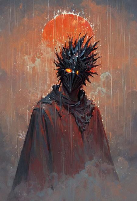 ((score_9, score_8_up, score_7_up)), 
a man,
mysterious dark souls demon, in the rain, 70s poster, polished, thick smoke, retro dark vintage sci-fi, oil painting
wearing a metal mask with large orange glowing eyes,
 smoke, volumetric light, dramatic studio lighting with a strong rim light
modern-style colour illustration, bold & powerful, lifelike art,