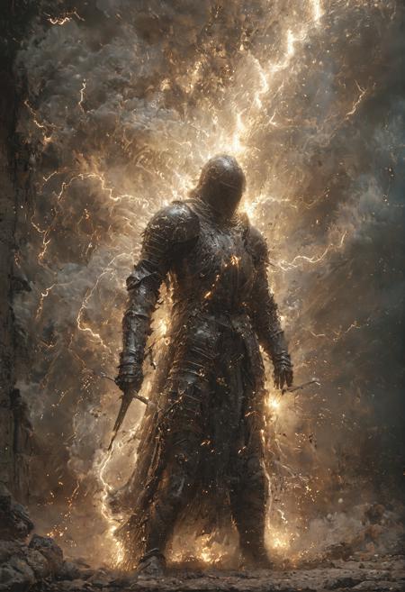 A man wearing medieval armor.,He uses magic to give his sword thunder magic,There are some small thunder and lightning in the surrounding air and distorts part of the picture,<lora:çº¿ç¨¿å¤§å¸å å¼ºç_v1.0:0.5>,<lora:é·åç´ -ç¹æ [SDXLç½æ£±Lora]_v1.0>,<lora:Soul_Knight_SDXL_-_By_HailoKnight:0.5>,<lora:XL_Weapon_Dual_Swords_-_By_HailoKnight:0.7>,mid_shot,(depth of field:1.2),(dynamic_angle:0.8),(cinematic_angle:0.8),Steam rises from the armor,