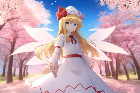 masterpiece, best quality, <lora:lilywhite-000009:0.55>,lily white,touhou, long hair,blonde hair,white hat with red pattern,white dress,white sleeves,blue eyes,wings, standing,cherry blossoms, blue sky,clear sky,spring \(season\),flat chest,looking at viewer,