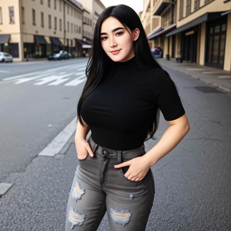 a photo of (Elena-v1-150:1.25), posing, standing, long black  hair, wearing a shirt and gray  jeans,street background, detailed, high-resolution,<lora:Hand v3 SD1.5:0.9> Hand, Perfect hand, Detailed hand, (evening:1.1), sun dawn, 1girl