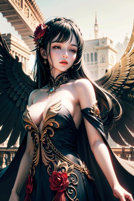 (RAW photo, best quality), (realistic, photo-realistic:1.3), masterpiece, hyper detail, intricate details, CG, unity, 2k wallpaper, Amazing, dramatic light,  Phoenix dress, 1girl, black dress, white trim, solo, flower, closed eyes, jewelry, hair ornament, necklace, wings, bare shoulders,  black hair, bird, rose  <lora:phoenixdressV.2-0000010:0.7>