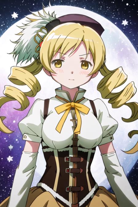 best quality, masterpiece, highres, solo, {tomoe_mami_puellamagimadokamagica:1.15}, blonde_hair, drill_hair, twin_drills, twintails, hair_ornament, yellow_eyes, magical_girl, 1girl, beret, blush, breasts, corset, hat, puffy_sleeves, detached_sleeves