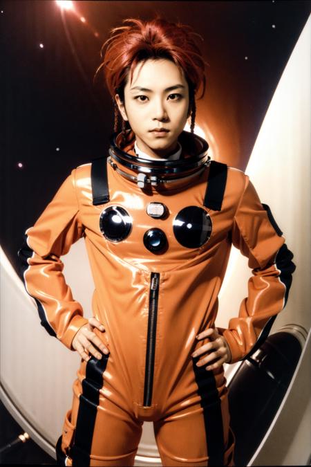 Hideto Matsumoto,  short hair,  1boy,  red hair,  dreadlocks,  hands on hips,  spacesuit, <lora:EMS-57369-EMS:0.800000>