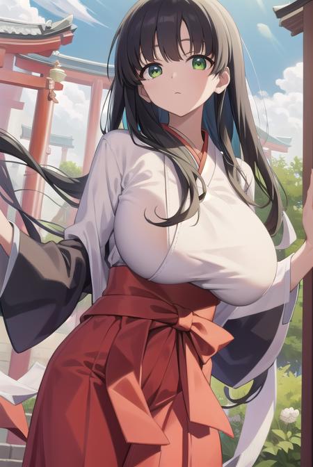 kasumiiwato, <lora:kasumiiwatotest:1>,
kasumi iwato, long hair, (black hair:1.5), (green eyes:1.3), (huge breast:1.2), (hair between eyes:1.5),
BREAK skirt, cleavage, japanese clothes, hakama, hakama skirt, miko,
BREAK looking at viewer,
BREAK outdoors, shrine,
BREAK <lora:GoodHands-vanilla:1>, (masterpiece:1.2), best quality, high resolution, unity 8k wallpaper, (illustration:0.8), (beautiful detailed eyes:1.6), extremely detailed face, perfect lighting, extremely detailed CG, (perfect hands, perfect anatomy),