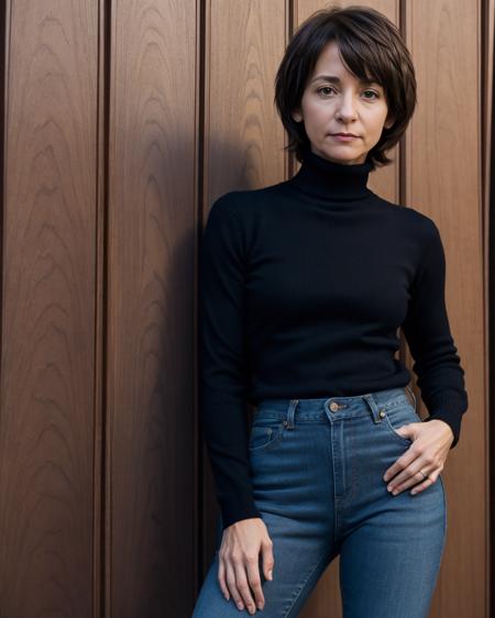 woman, phyllisGNRC, personal north, serious expression, Turtleneck sweater, jeans, ankle boots, the dark abyss