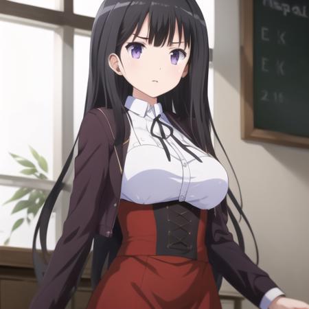 (masterpiece, best quality:1.2),illustration,8k,hd,1girl,solo,long_hair,bangs,shirt,black_hair,ribbon,school_uniform,purple_eyes,jacket,white_shirt,blunt_bangs,black_ribbon,neck_ribbon,hime_cut,red_skirt,very_long_hair,medium_breasts,high-waist_skirt,<lora:Kotoko Miura-V1:0.8>,