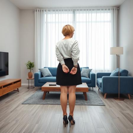 Image is a high-resolution photograph depicting a modern, minimalist interior setting. The layout features a chubby woman standing in a living room area, with her back slightly turned towards the camera. She has short, blonde hair and light skin. She is wearing a white blouse and a black skirt, with black high-heeled shoes. Her hands are positioned behind her back. She is handcuffed The room includes a wooden coffee table with a remote control on it, a blue sofa, and a floor lamp with a white shade. The flooring is a light gray wood, and the walls are a neutral tone. Sheer white curtains cover a large window, allowing diffused light to enter the room.