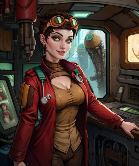 tannis,short brown hair,green eyes,
goggles on head,red jacket,tan shirt,earrings,pants,
standing,upper body,smile,looking at viewer,
spaceship,medical room,rusty,
(insanely detailed, beautiful detailed face, masterpiece, best quality),<lora:tannis:0.8>,