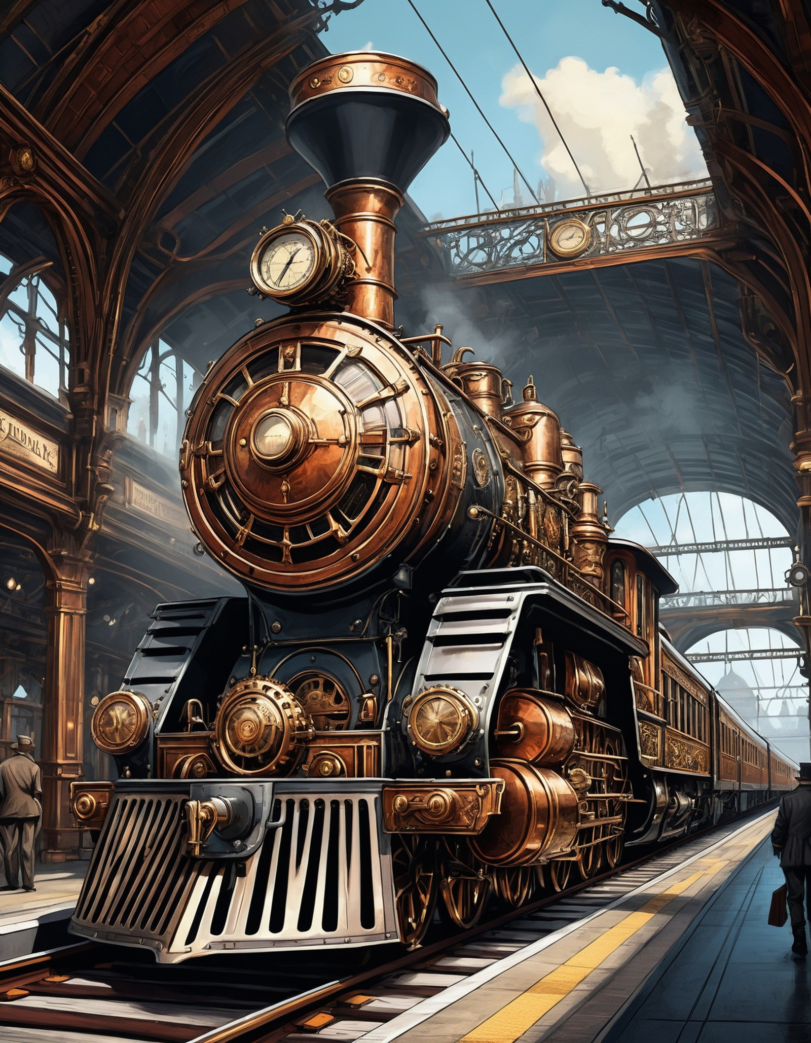 extremely detailed illustration of a steampunk train at the station, intricate details, perfect environment