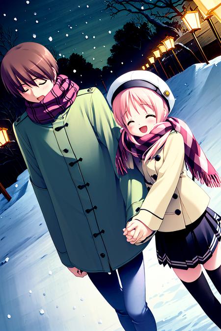 ((masterpiece, high quality, best quality)),
1girl, 1boy, hat, scarf, pink hair, closed eyes, snow, holding hands, thighhighs, school uniform, blush, short hair, dutch angle, night, running, happy, hetero, coat, smile, couple, snowing, winter clothes, open mouth, brown hair, tree, outdoors, long sleeves, walking, zettai ryouiki, 
<lora:gayaro-style_v1.1:1.0>