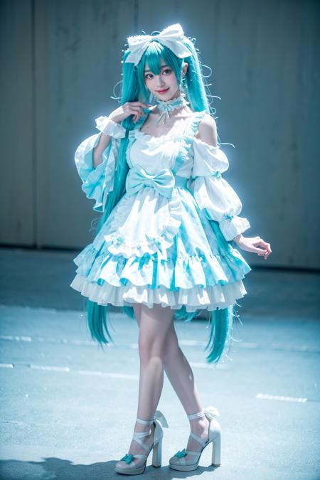 realistic,photorealistic,full body,1girl,solo,smile,looking at viewer,standing,miku cosplay costume,hatsune miku,cosplay,aqua hair,very long hair,twintails,aqua dress,frilled dress,frills,long sleeves,wide sleeves,choker,bow,hair bow,ribbon,wrist cuffs,high heels,<lora:miku_cosplay_16thAnnDress_v1:0.7>,
