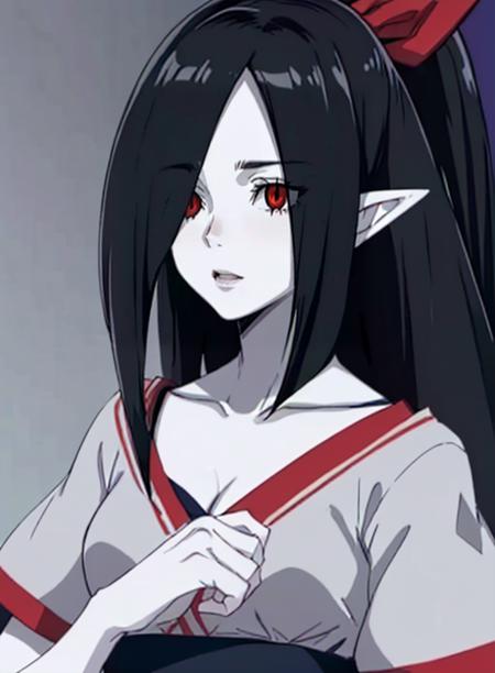 best quality, (masterpiece),(ultra-detailed), (high quality), (high resolution), <lora:mihasa:0.7> mihasa, pointy ears, hair over one eye, black hair, red eyes, pale skin, ribbon