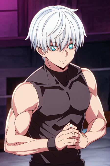 ragna, 1boy, solo, blue eyes, white hair, short hair, smile, blue eyes, bangs, eyes visible through hair, sleeveless, muscular, black sleeveless top, boxing pose
high quality, best quality, ultra detailed, masterpiece, big breast, detailed hands, <lora:EMS-52523-EMS:0.700000>