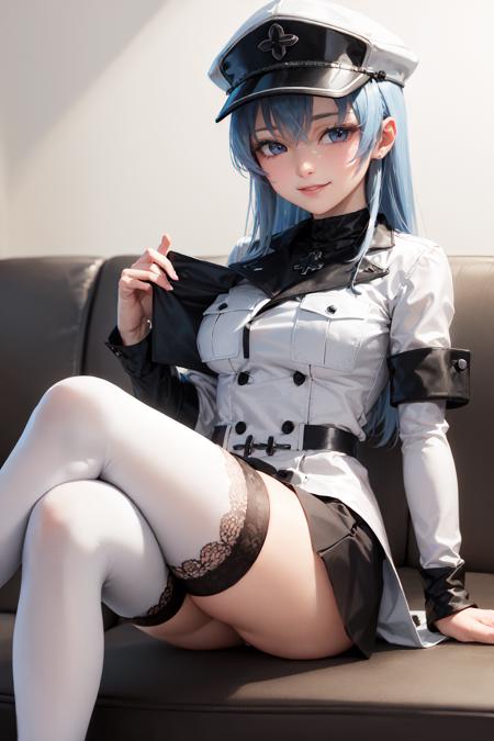 (masterpiece, best quality:1.2), <lora:agk_esdeath-10:0.8>, solo, 1girl, esdeath, smile, looking at viewer, sitting, crossed legs, white peaked cap, white military uniform, white thighhighs