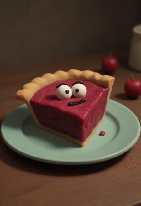 claymation, novuschroma51 style, Cherry pie slice on a plate, on a table. The claymation background has a whimsical, storybook-like charm, reminiscent of classic stop-motion animation. (masterpiece: 2), best quality, ultra highres, original, extremely detailed, perfect lighting)