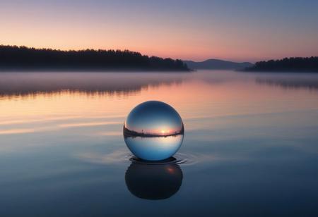 An infinite, calm water surface stretches across the scene, reflecting the soft pastel hues of a serene sunset. Above the water floats a perfectly round, transparent glass sphere, glistening faintly with refracted light, its surface shimmering with refracted light that captures faint glimmers of distant stars and the silhouettes of serene trees. Surrounding the sphere are delicate ripples in the water, creating a mesmerizing interplay of motion and stillness. Distant mountains fade into the misty horizon, adding depth and tranquility. The sphere's transparency captures hints of the sky and surroundings, merging the ethereal with the natural in a harmonious, surreal atmosphere.