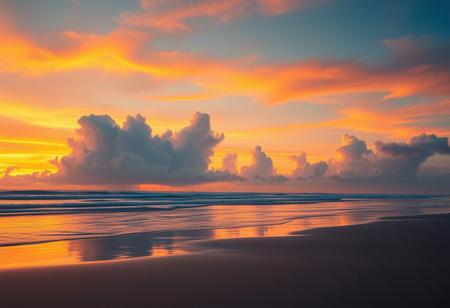 Dramatic clouds rolling in from the sea, casting shadows over a beach at sunrise, vibrant hues of orange painting the sky, hyperrealistic landscape, cinematic lighting, detailed textures, masterpiece digital painting by Ivan Aivazovsky and Claude Monet, 8k resolution, tranquil atmosphere, beautiful scenery.